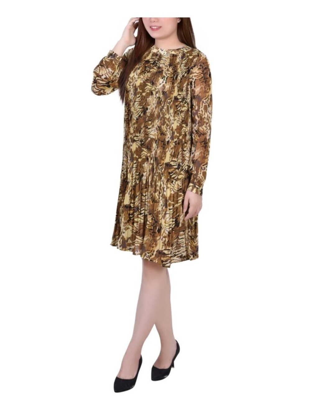 NY Collection Womens Petites Pleated Shift Dress Mustard Paisley Size PL NWT